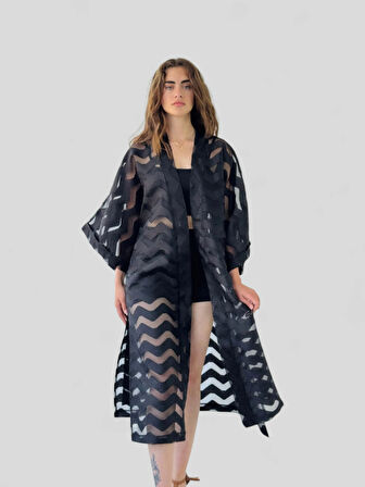 Retrobird Tasarım Şeritli Uzun Kimono Kadın Siyah Şeffaf