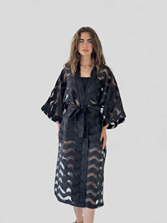 Retrobird Tasarım Şeritli Uzun Kimono Kadın Siyah Şeffaf