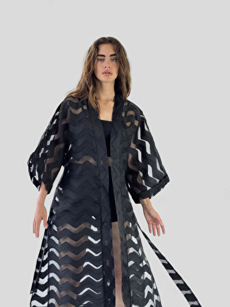 Retrobird Tasarım Şeritli Uzun Kimono Kadın Siyah Şeffaf