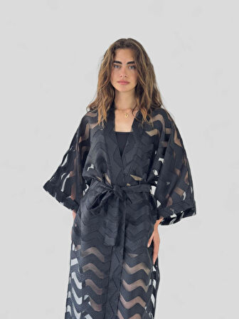 Retrobird Tasarım Şeritli Uzun Kimono Kadın Siyah Şeffaf