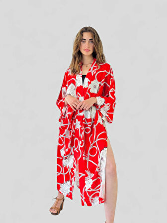 Retrobird Tasarım Desenli Uzun Kimono Kadın Kırmızı