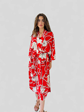 Retrobird Tasarım Desenli Uzun Kimono Kadın Kırmızı
