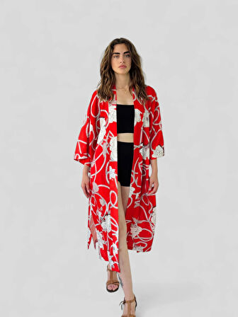 Retrobird Tasarım Desenli Uzun Kimono Kadın Kırmızı