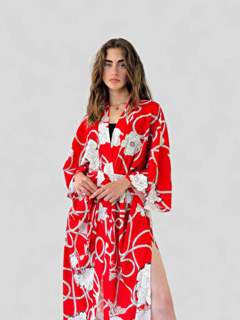 Retrobird Tasarım Desenli Uzun Kimono Kadın Kırmızı