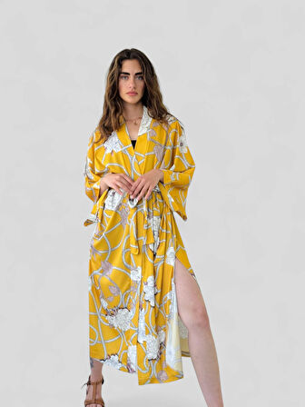 Retrobird Tasarım Desenli Uzun Kimono Kadın Hardal
