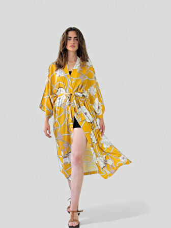 Retrobird Tasarım Desenli Uzun Kimono Kadın Hardal