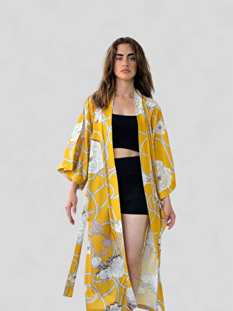 Retrobird Tasarım Desenli Uzun Kimono Kadın Hardal