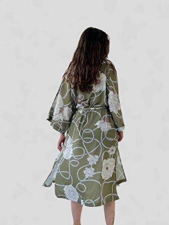 Retrobird Tasarım Desenli Uzun Kimono Kadın Haki
