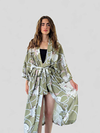 Retrobird Tasarım Desenli Uzun Kimono Kadın Haki