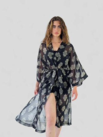Retrobird Tasarım Çiçek Desenli Uzun Kimono Kadın Siyah