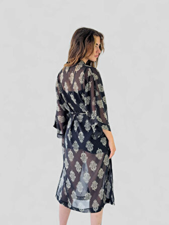 Retrobird Tasarım Çiçek Desenli Uzun Kimono Kadın Siyah