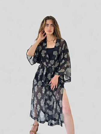 Retrobird Tasarım Çiçek Desenli Uzun Kimono Kadın Siyah