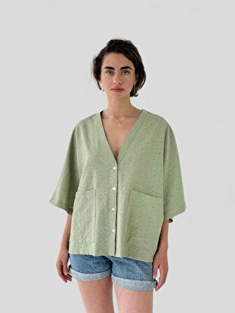 Retrobird Tasarım V Yaka Brode Kimono Gömlek Kadın Çağla