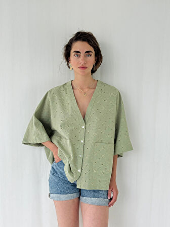 Retrobird Tasarım V Yaka Brode Kimono Gömlek Kadın Çağla