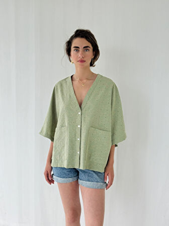 Retrobird Tasarım V Yaka Brode Kimono Gömlek Kadın Çağla