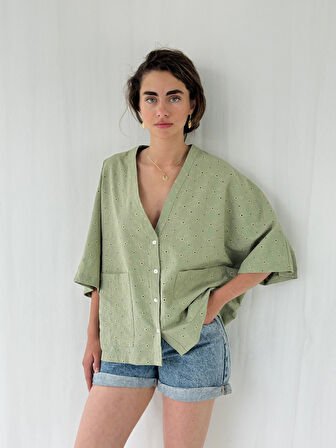 Retrobird Tasarım V Yaka Brode Kimono Gömlek Kadın Çağla