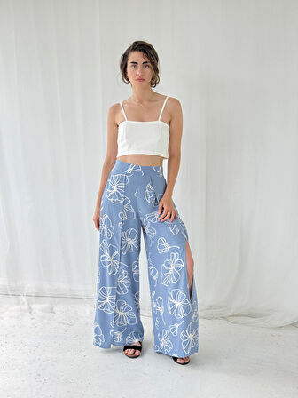 Retrobird YENİ Yırtmaç Detaylı Wide-Leg Pantolon Etek Kadın Kül Mavi