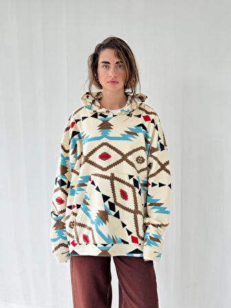 Retrobird Polar Kışlık Oversize Unisex Kapüşonlu Sweatshirt Unisex Fildişi