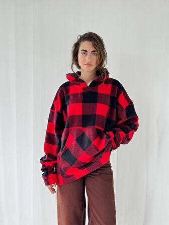 Retrobird Polar Kışlık Oversize Kapüşonlu Sweatshirt Unisex Kırmızı