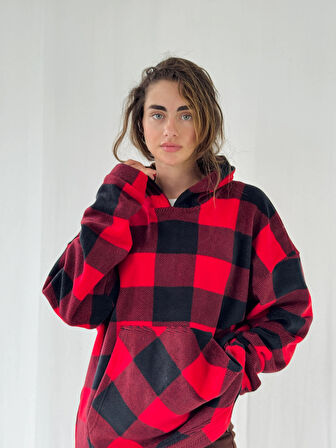 Retrobird Polar Kışlık Oversize Kapüşonlu Sweatshirt Unisex Kırmızı