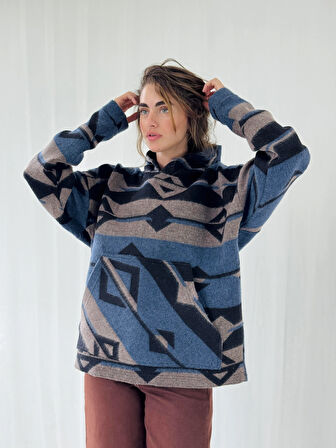 Retrobird Kalın Kaşe Kışlık Oversize Kapüşonlu Sweatshirt Unisex İndigo