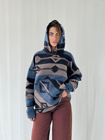 Retrobird Kalın Kaşe Kışlık Oversize Kapüşonlu Sweatshirt Unisex İndigo