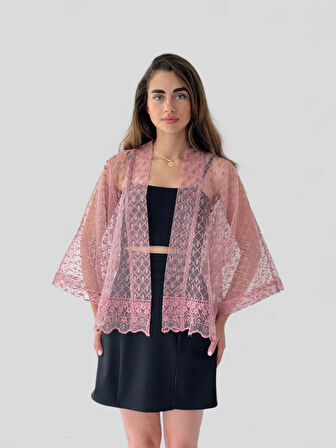 Retrobird Tasarım Tül Mini Kimono Kadın Gül Kurusu