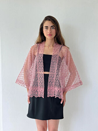 Retrobird Tasarım Tül Mini Kimono Kadın Gül Kurusu