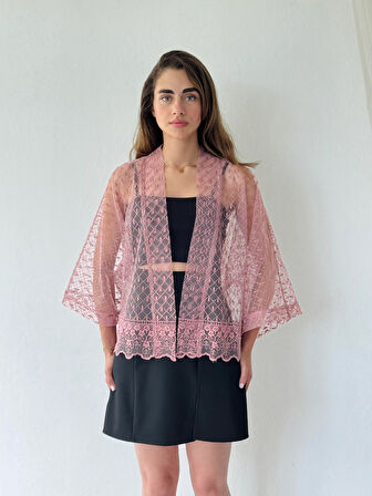Retrobird Tasarım Tül Mini Kimono Kadın Gül Kurusu