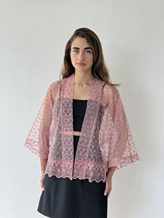 Retrobird Tasarım Tül Mini Kimono Kadın Gül Kurusu