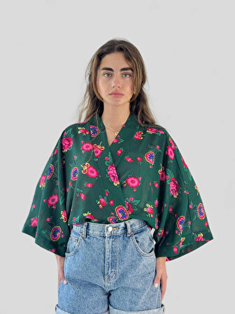 Retrobird Tasarım Şifon Mini Kimono Kadın Koyu Yeşil
