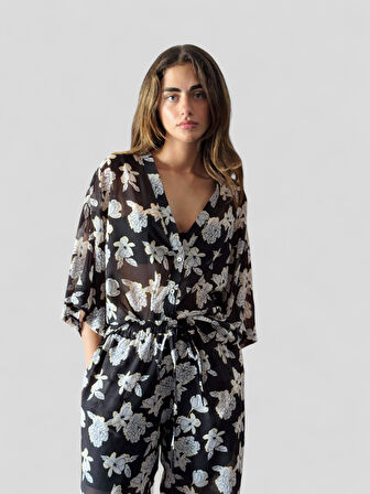 Retrobird Tasarım V Yaka Şifon Kimono Gömlek Kadın Siyah Beyaz
