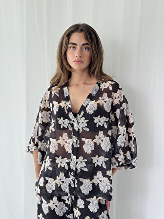 Retrobird Tasarım V Yaka Şifon Kimono Gömlek Kadın Siyah Beyaz