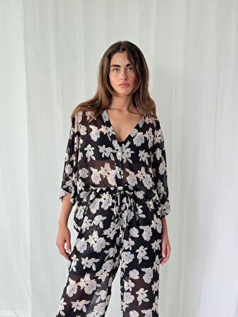 Retrobird Tasarım V Yaka Şifon Kimono Gömlek Kadın Siyah Beyaz