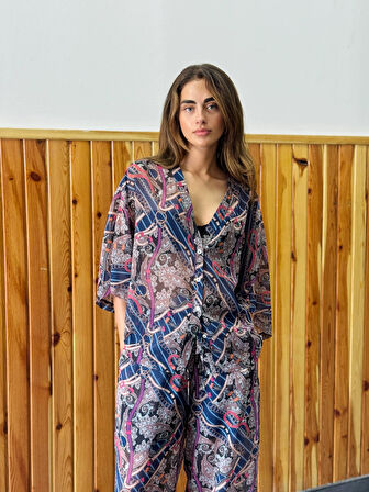 Retrobird Tasarım V Yaka Şifon Kimono Gömlek Kadın Mürdüm