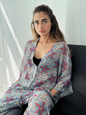 Retrobird Tasarım V Yaka Şifon Kimono Gömlek Kadın Çok Renkli