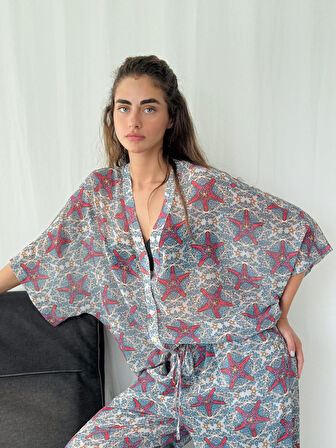 Retrobird Tasarım V Yaka Şifon Kimono Gömlek Kadın Çok Renkli