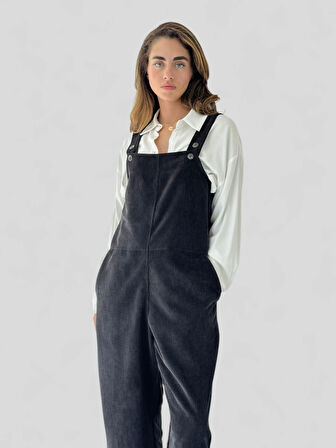 Retrobird Tasarım Fitilli Kadife Uzun Tulum Salopet Kadın Siyah