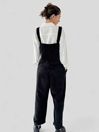 Retrobird Tasarım Fitilli Kadife Uzun Tulum Salopet Kadın Siyah