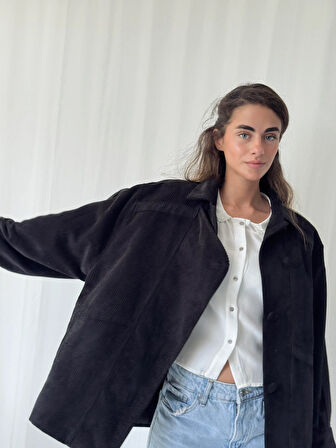 Retrobird Tasarım Kadife Bomber Ceket Mont Kadın Siyah