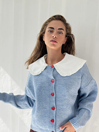 Retrobird Kısa Kalp Düğmeli Hırka Kadın Mavi