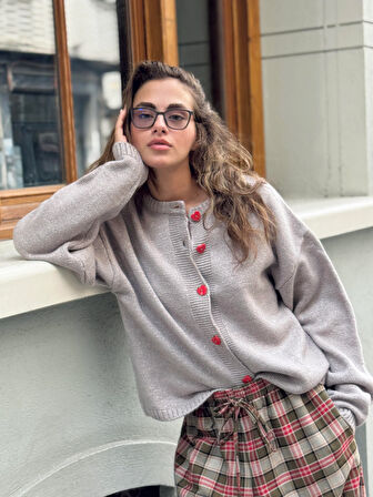 Retrobird Kalp Düğmeli Simli Hırka Kadın Gri