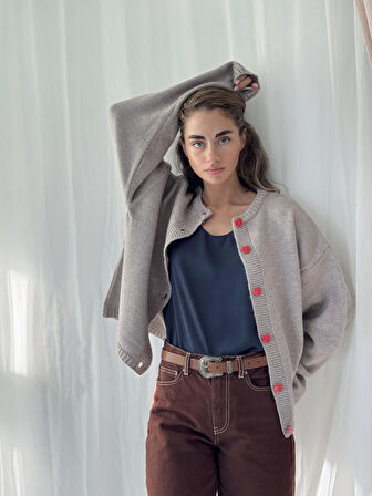 Retrobird Kalp Düğmeli Simli Hırka Kadın Gri