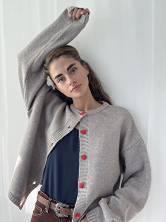 Retrobird Kalp Düğmeli Simli Hırka Kadın Gri