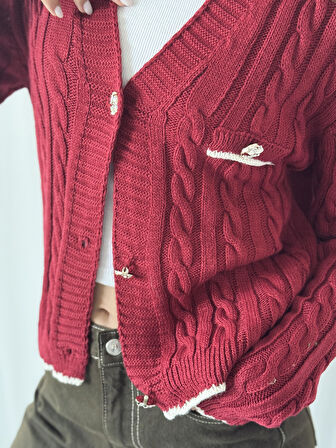 Retrobird Gold Düğmeli Hırka Kadın Bordo