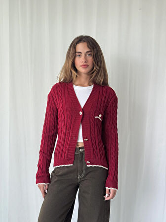 Retrobird Gold Düğmeli Hırka Kadın Bordo