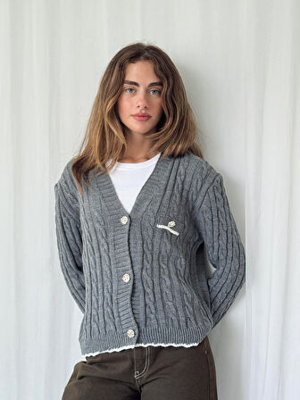 Retrobird Gold Düğmeli Hırka Kadın Gri