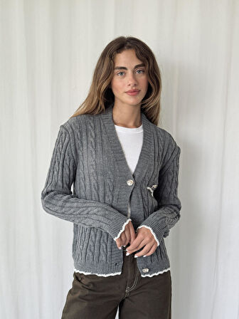 Retrobird Gold Düğmeli Hırka Kadın Gri