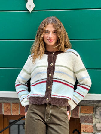 Retrobird Çizgili Cozy Hırka Kadın Kırık Beyaz