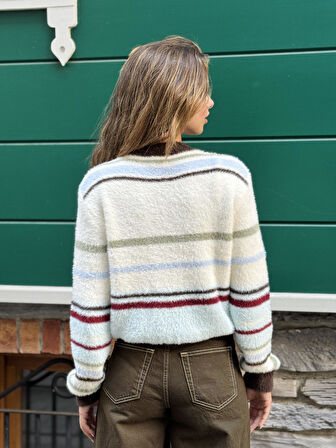 Retrobird Çizgili Cozy Hırka Kadın Kırık Beyaz